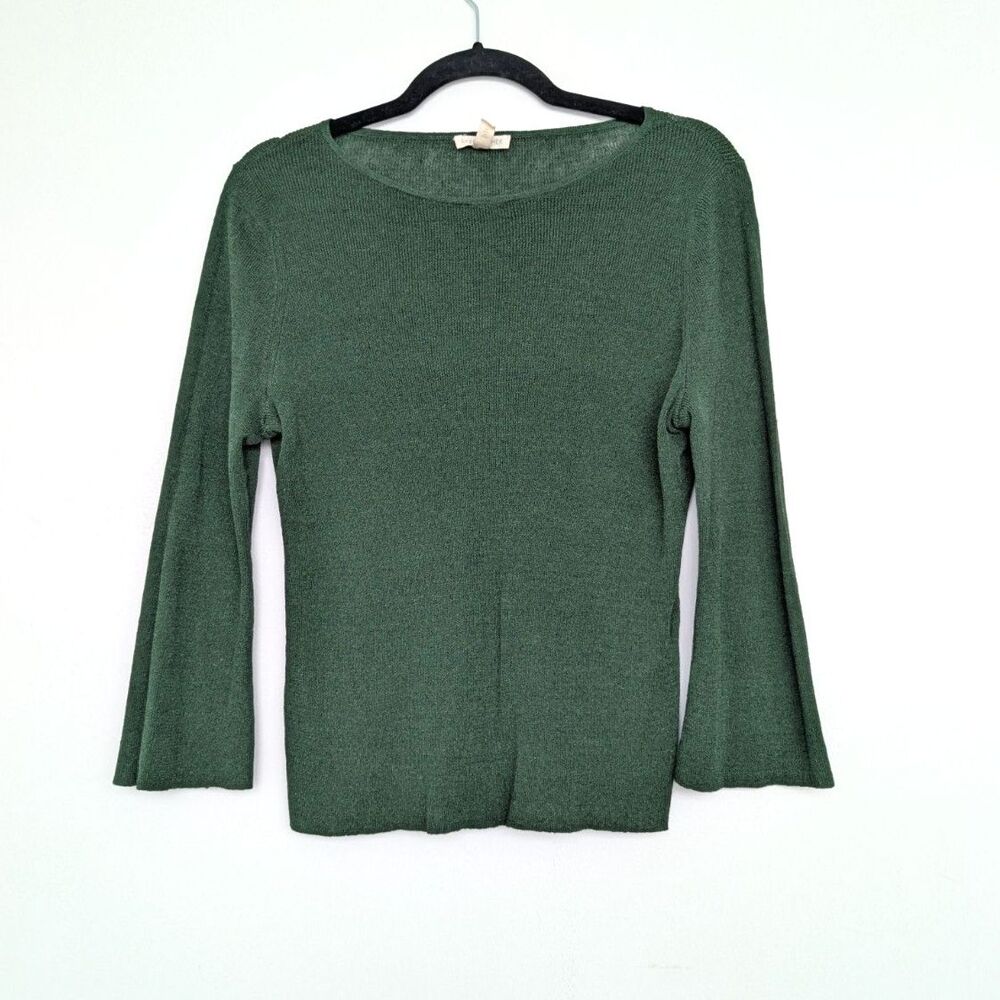 Eileen Fisher Slink Knit Boat Neck Organic Linen Kelly Green 3/4 Sleeve Top Sz L